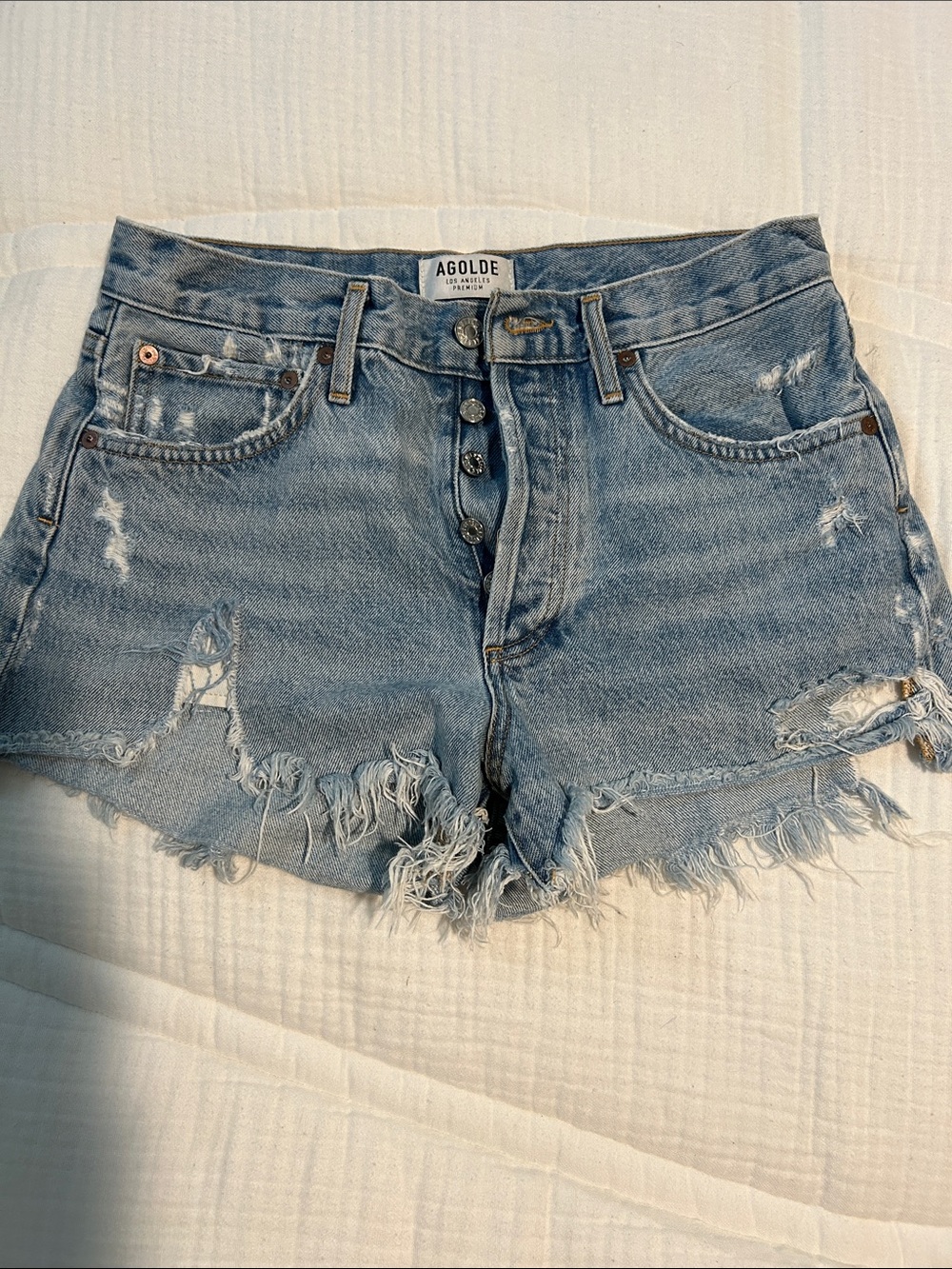 Agolde Light Blue Distressed Jean Cutoff Shorts